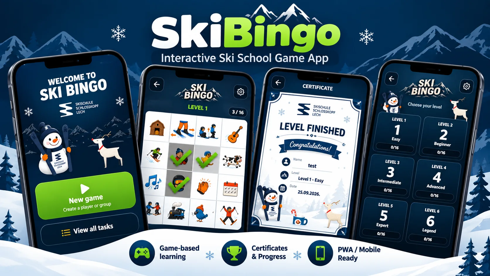 SkiBingo mobile game showing home screen, bingo board, certificate and six progression levels