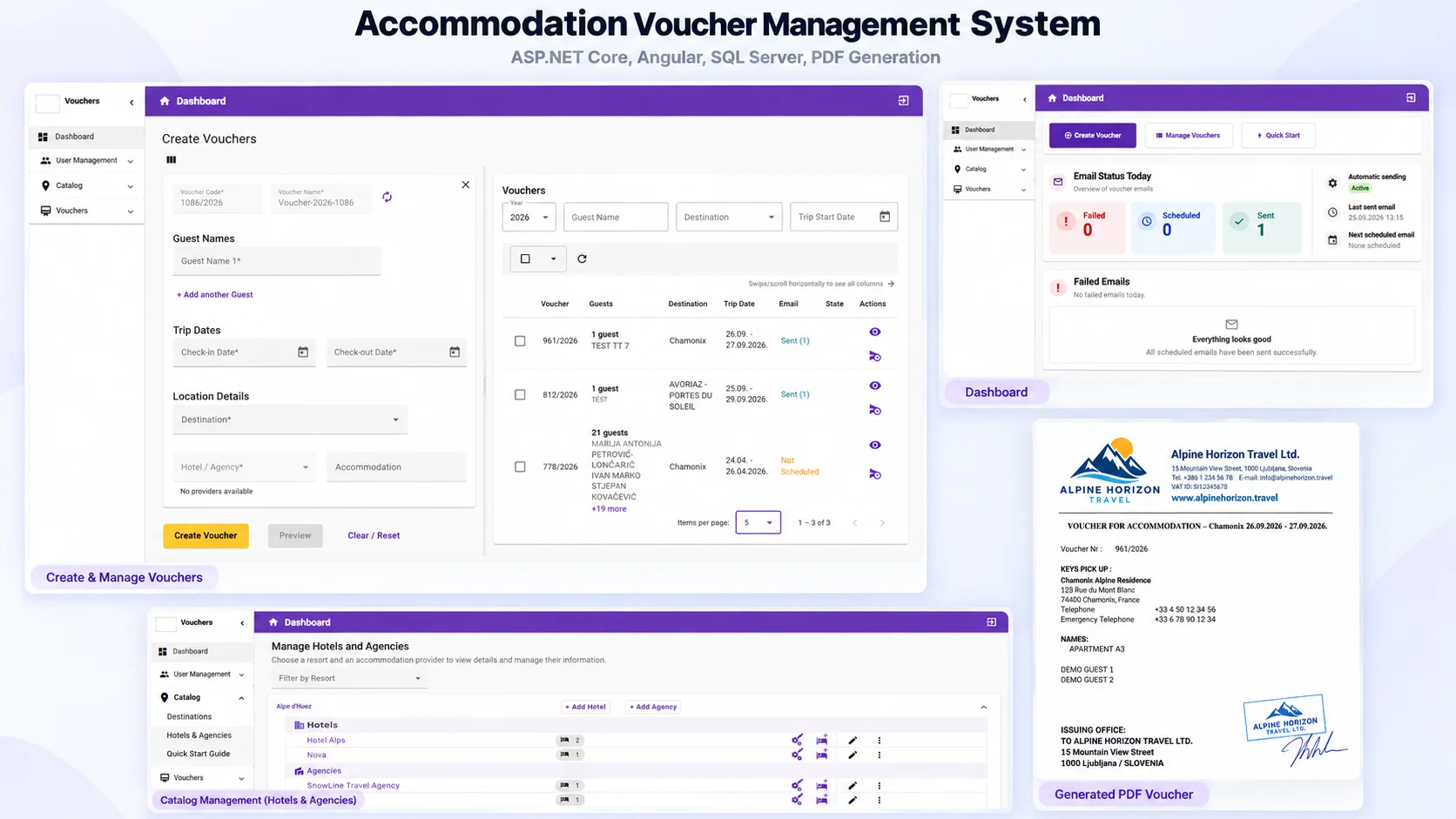 Accommodation Voucher Management System showing voucher creation, dashboard, catalogue management and generated PDF voucher
